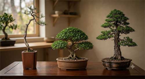 Representación de los diversos estilos del bonsái chino o Penjing