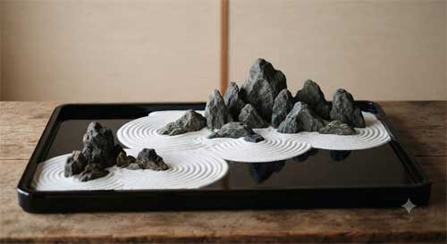 Bandeja lacada negra con paisaje miniatura de arena blanca y piedras