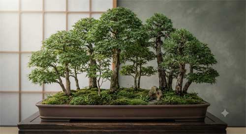 Ejemplo visual de un bonsai estilo bosque (Yose-ue)