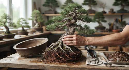 Ilustración de un bonsai siendo reorientado durante el trasplante