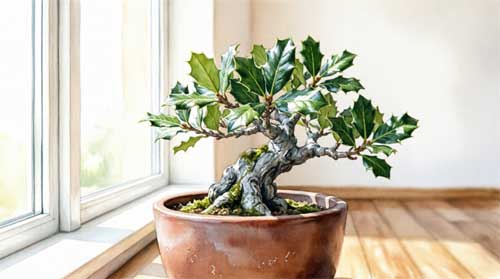 Pequeña encina (Quercus ilex) cultivada como bonsái en maceta de interior