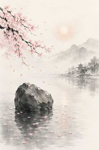 Paisaje japonés minimalista con cerezos en flor