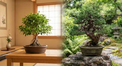 Comparativa visual entre bonsais de interior y exterior