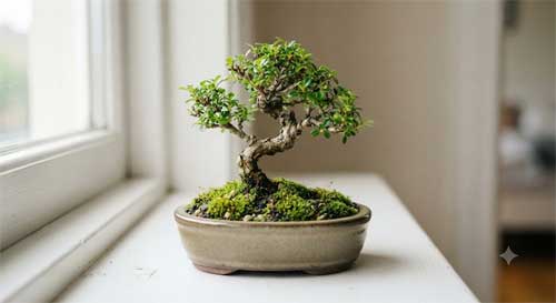 Mame Penjing en maceta pequeña sobre alféizar de ventana con luz natural