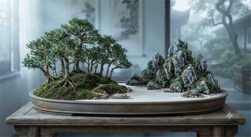 Composición de Penjing que integra árboles, rocas y espacio vacío