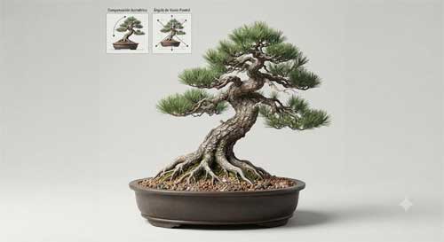 Ilustración mostrando la importancia de la posición de plantado en bonsai