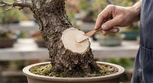 Aplicación de pasta cicatrizante en un corte de rama gruesa