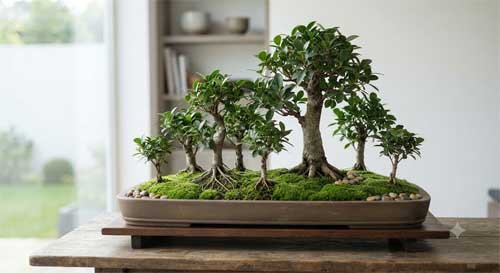 Composición de penjing con varios pequeños ficus formando un bosque en bandeja rectangular
