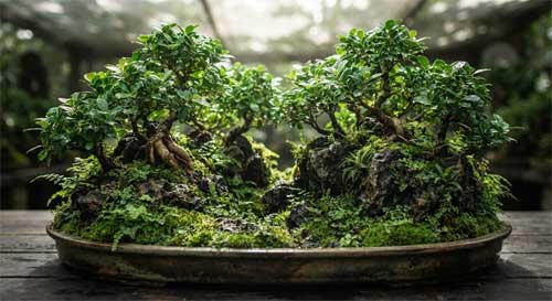 Composición penjing densa con varios ficus, rocas oscuras y mucho musgo
