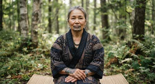 Retrato artístico de una mujer ainu tradicional con tatuajes faciales y vestimenta bordada