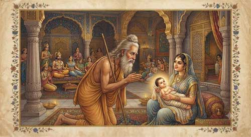 Representación artística del anciano Asita contemplando al niño Siddhartha