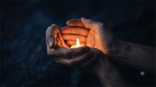 Manos sosteniendo una pequeña luz en medio de la penumbra, simbolizando la acción consciente