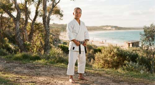 Maestro de karate en una demostración dinámica al aire libre