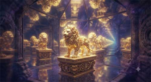 Escultura de león dorado brillante sobre pedestal, rodeado de espejos que reflejan infinitamente, luz etérea y sensación de interconexión cósmica