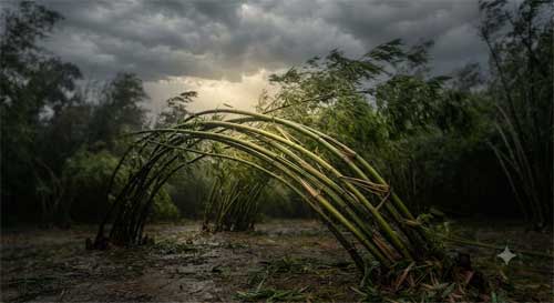 Tallos de bambú inclinándose fuertemente bajo el viento pero sin romperse