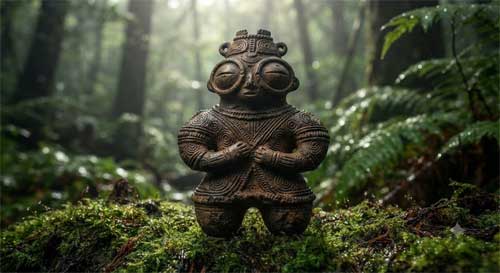 Figurilla Dogu de arcilla con ojos de lechuza y patrones corporales complejos sobre un fondo de bosque antiguo