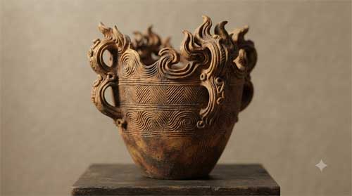 Vasija Jōmon del período medio con elaboradas asas flamígeras y textura cordada, luz natural resaltando relieve y patina terrosa