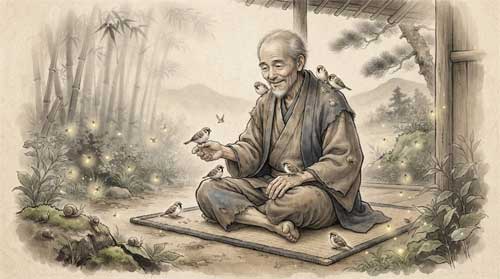 Retrato emotivo de Kobayashi Issa con expresión dulce y humilde, rodeado de pequeños animales