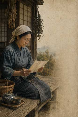 [DESCRIBIR IMAGEN GENERADA: Ej. Mujer japonesa periodo Edo en ropa campesina discreta, leyendo documento junto a ventana shoji, luz natural suave, atmósfera de concentración serena]