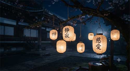 Lámparas de papel tradicionales iluminadas suavemente en la oscuridad