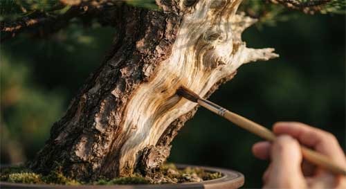 Detalle de un tronco de pino con madera muerta blanqueada y protegida