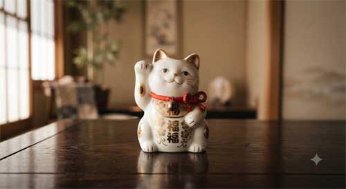 Figura tradicional de cerámica de un Maneki-Neko blanco con collar rojo y monedas doradas