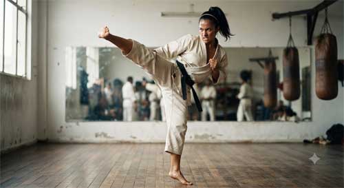 Mujer karateka ejecutando una patada alta con precisión y fuerza