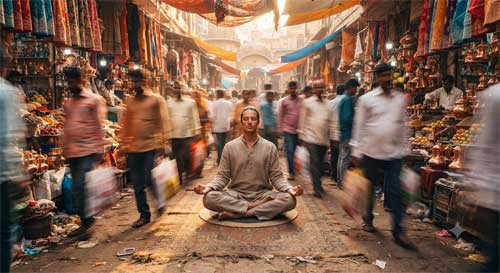 Persona meditando serenamente en medio de un mercado bullicioso y colorido, contraste entre caos exterior y paz interior