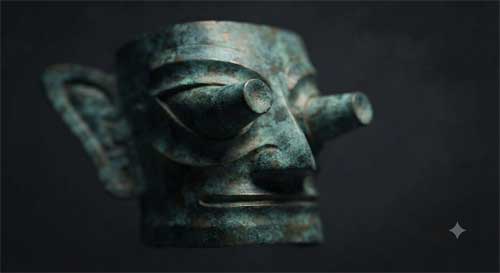Máscara de bronce de Sanxingdui con ojos cilíndricos prominentes y orejas anchas, patina verde azulada, iluminación dramática lateral resaltando rasgos sobrenaturales, fondo oscuro neutro, atmósfera de misterio sagrado y asombro arqueológico