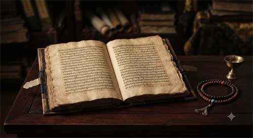 Representación artística de un manuscrito antiguo abierto con múltiples textos entrelazados