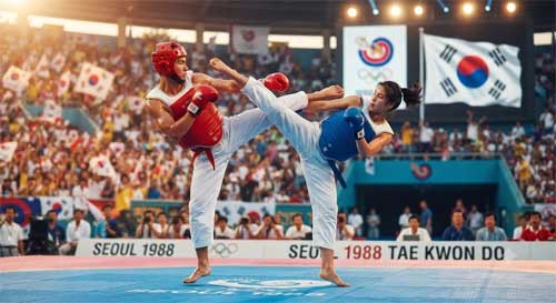 Competidores de taekwondo en plena acción durante los JJOO de Seúl