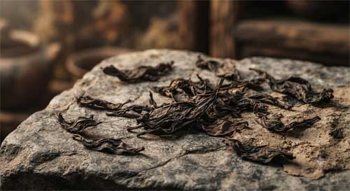 Primer plano de hojas de té antiguas fosilizadas o carbonizadas sobre una superficie de piedra arqueológica