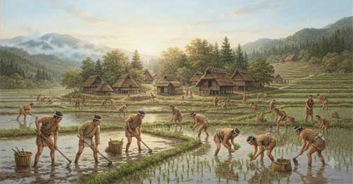 Recreación de un poblado Yayoi con arrozales inundados y cerámica característica