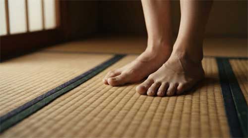 Pies descalzos sobre tatami de paja con luz natural suave lateral, textura detallada de tejido tradicional, atmósfera de contacto directo y serenidad