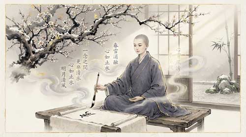 Maestra Chan femenina en túnicas monásticas simples sentada junto a ciruelo en flor invernal, sosteniendo pincel de caligrafía en pleno trazo, fragmentos translúcidos de poesía clásica china flotando en niebla, luz suave matutina a través de ventana de papel de arroz