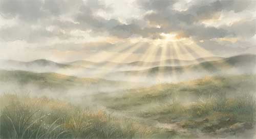 Paisaje onírico de la estepa de Bortala al amanecer, con niebla baja cubriendo la hierba y rayos de luz dorada filtrándose entre nubes grises