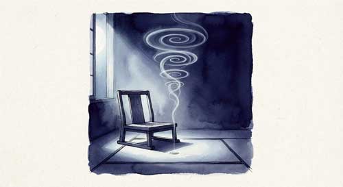 Ilustración simbólica de una silla de meditación vacía bajo la luz de la luna, con un incienso humeante que forma espirales perfectas, representando la presencia ausente y la profundidad de la práctica Chan