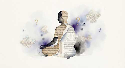 Retrato conceptual de Donald S. Lopez Jr. rodeado de textos tibetanos y occidentales, simbolizando el puente crítico entre dos mundos