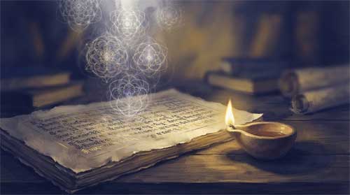 Composición contemplativa en tonos índigo, plata suave y dorado apagado: un texto filosófico tibetano abierto sobre madera; encima flotan patrones geométricos translúcidos de originación dependiente que se disuelven en luz; una lámpara de aceite ilumina tanto la escritura como las formas etéreas, sugiriendo estudio riguroso como práctica sagrada