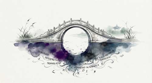 Ilustración simbólica de un puente de piedra tradicional chino que se refleja en un lago tranquilo, donde el reflejo se transforma sutilmente en caracteres latinos, simbolizando el diálogo intercultural entre China e Italia