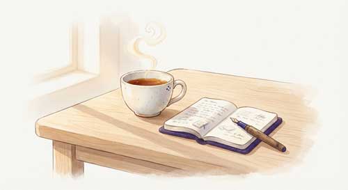 Ilustración simbólica de una taza de té sencilla sobre una mesa de madera, con vapor que se disipa suavemente, representando la simplicidad y la transitoriedad de los momentos cotidianos