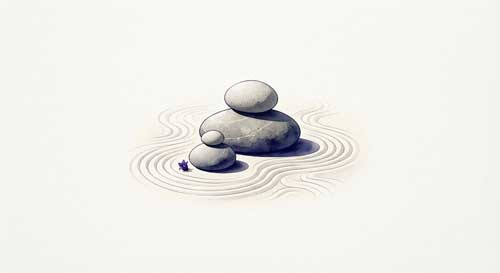 Ilustración simbólica de un jardín zen minimalista con piedras equilibradas y un rastro de arena perfecto, representando la claridad mental y la presencia consciente