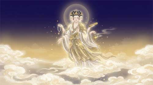 Guanyin manifestado como Brahmā, figura celestial majestuosa con vestiduras blancas y doradas, cuatro rostros simbólicos y aura luminosa, flotando sobre nubes etéreas