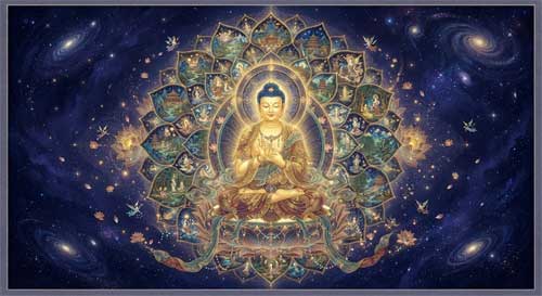 Guanyin manifestado como Buda, sentado en loto luminoso rodeado de pétalos que contienen universos interpenetrados, representando las 33 formas del Capítulo 25 del Sutra del Loto