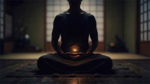 Silueta humana en postura de meditación zazen con luz suave concentrada en zona abdominal baja, atmósfera de serenidad y arraigo, tonos cálidos y sombras suaves