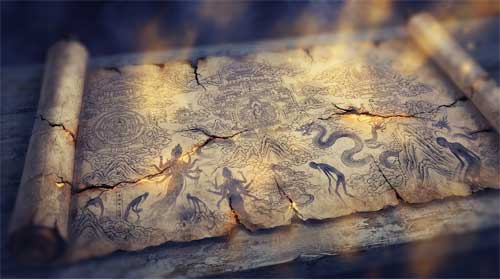 Composición onírica en tonos índigo y ámbar: un pergamino antiguo desplegado muestra mapas de reinos budistas superpuestos con siluetas translúcidas de asuras, nagas y devas emergiendo de las líneas caligráficas; luz dorada brota de los intersticios del papel, sugiriendo que lo invisible habita dentro de la palabra escrita