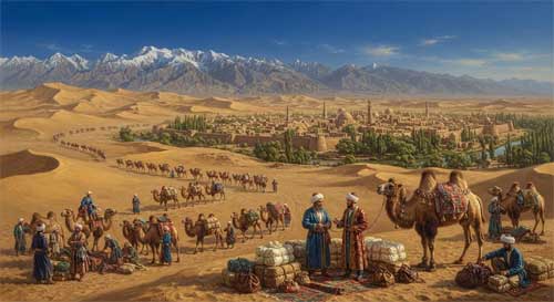 Vista panorámica del oasis de Kashgar con caravanas de camellos atravesando dunas doradas bajo un cielo azul intenso, evocando la Ruta de la Seda