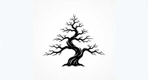 Ilustración minimalista de la silueta negra de un bonsái antiguo sobre un fondo blanco puro, destacando su estructura básica y líneas principales