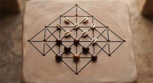 Tablero de Kotu Ellima con su estructura de red triangular y fichas de cazadores y presas dispuestas estratégicamente