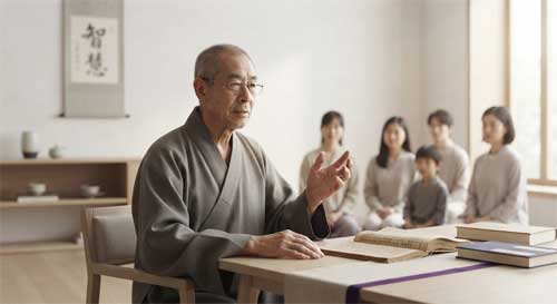 Representación serena de un maestro Chan contemporáneo impartiendo enseñanza con claridad, simbolizando la transmisión viva del Dharma en la era moderna